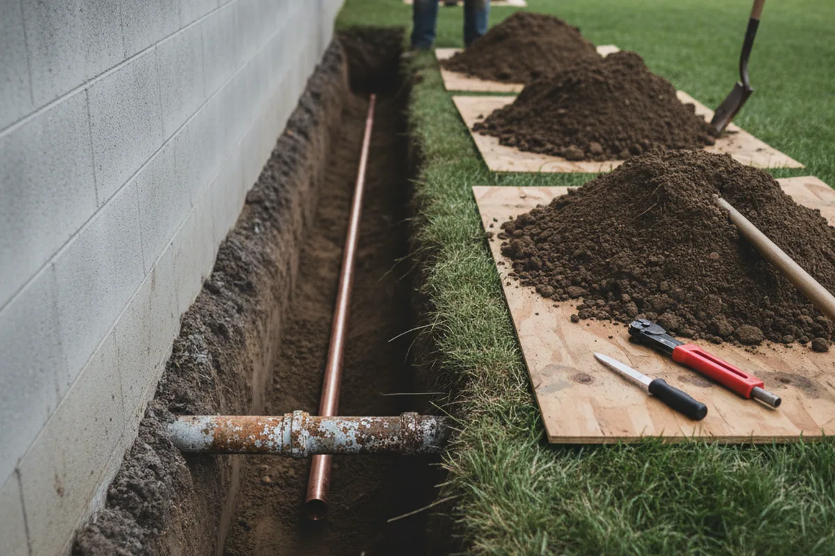 Excavated water line trench during Water Heater Repair in Zoar